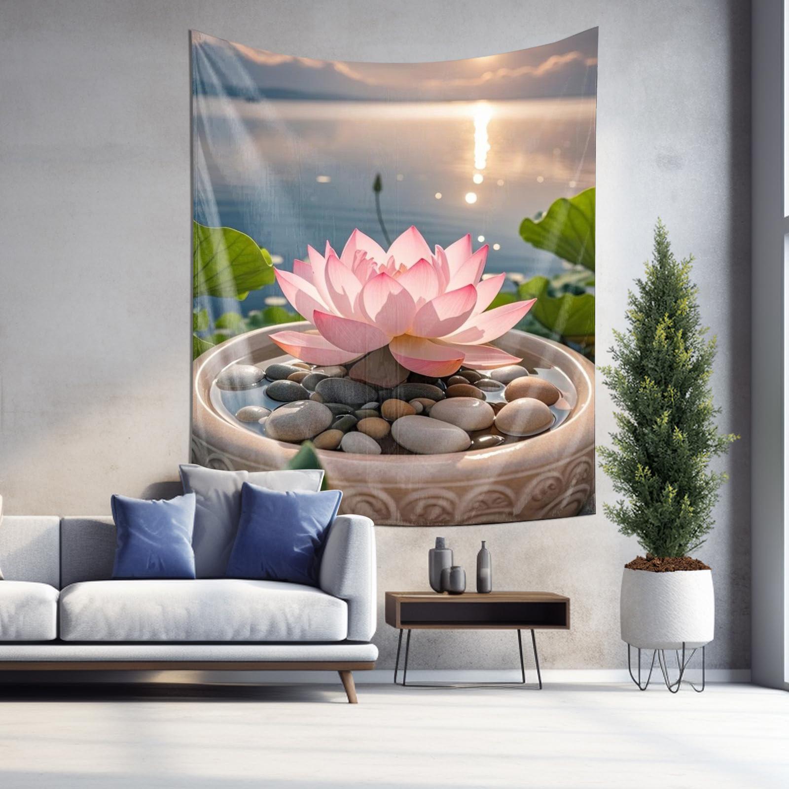 Peaceful Lotus Tapestry  Sunset Lake Scenery Home Decor Wall Hanging 74x94cm(29x37in)