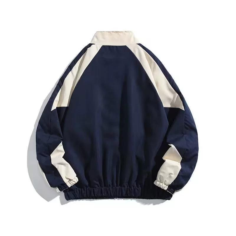 Retro Contrasting Splicing Stand Up Collar Jacket for Men, Spring and Autumn Trendy Brand Loose College Style Couple Casual Jacket