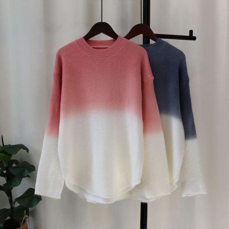 Autumn and winter new design sense gradual change of color sweater pullover women soft waxy loose lazy wind knitted sweater top