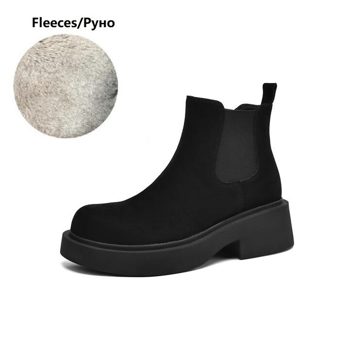 

Fashion NEW Autumn Women Boots Sheep Suede Leather Shoes for Women Round Toe Chunky Heel Shoes Slip-on Ankle Boots Black Platform Shoes 34