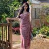 2025 Summer French Pink Chiffon Floral Slim Fit Camisole Dress