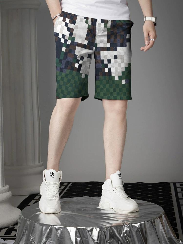 European Trendy Brand Plaid Printed Shorts for Men, Summer 2025 New Style, Men s Trendy Casual Pants, Beach Shorts L темно-зеленого
