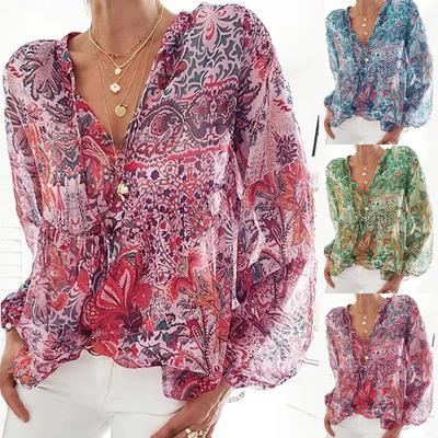Frauen Retro Bohemian Gedruckt Hemd Ärmel Straße Casual V-ausschnitt Tops
