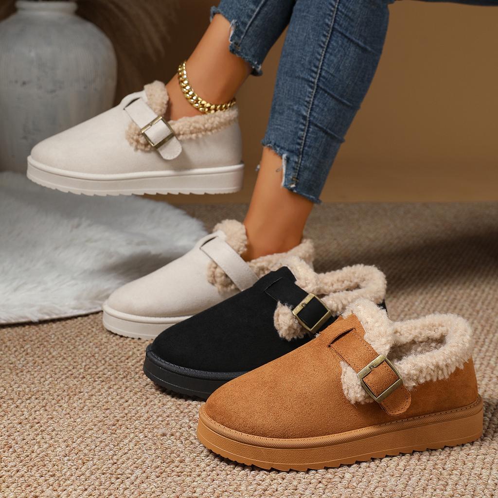 Fashion Women Brown Suede Closed Toe Boots Lined Buckle Strap Platform Winter Warm Comfortable Casual Slip on Boots for Women
