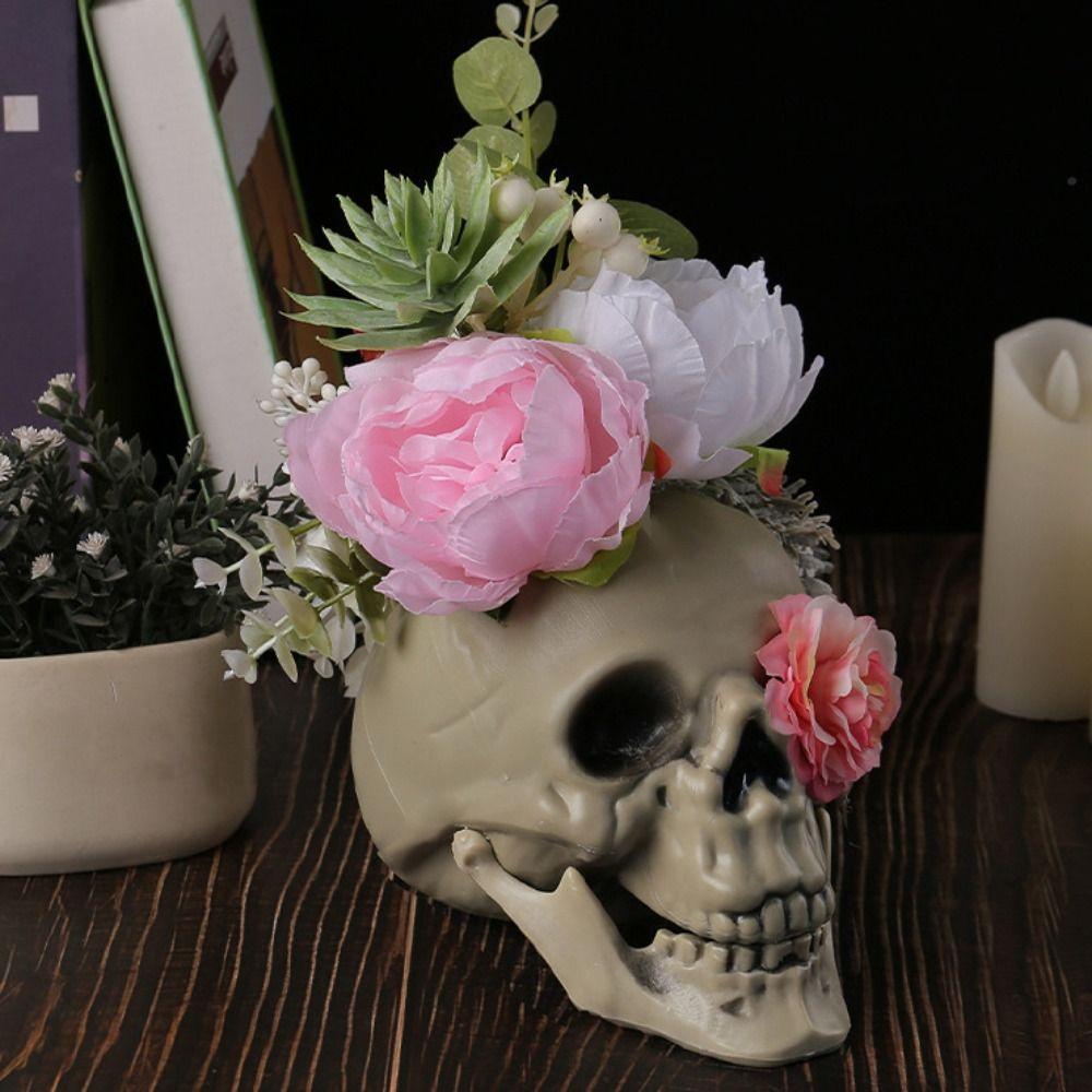 With Flower Sunflower Skull Ornament Plastic Halloween Decoration Prop Skull Statue  Living Room