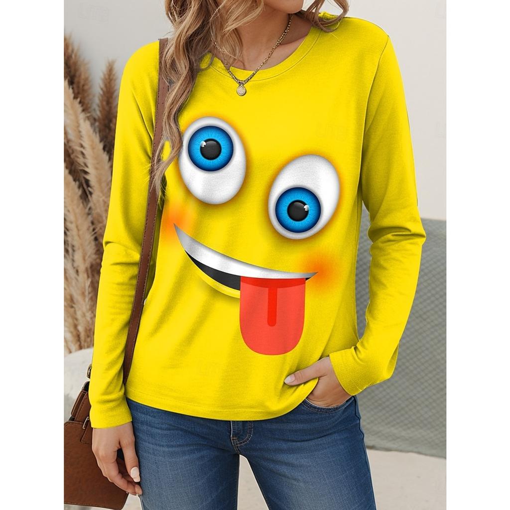 Funny Face 3d Print Long Sleeve T-Shirt Casual Women's Clothing Long Sleeve T-shirt Fashion Casual Oversized Tops Tees Female