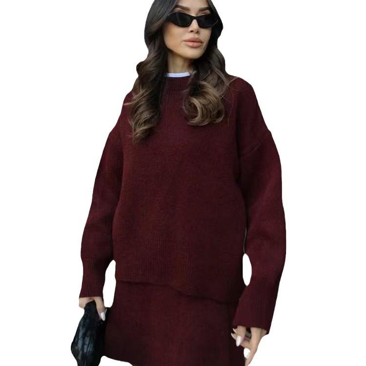 Ensemble Pull Tricoté Couleur Unie et Jupe Courte Style Collège Automne 2024 pour Femmes