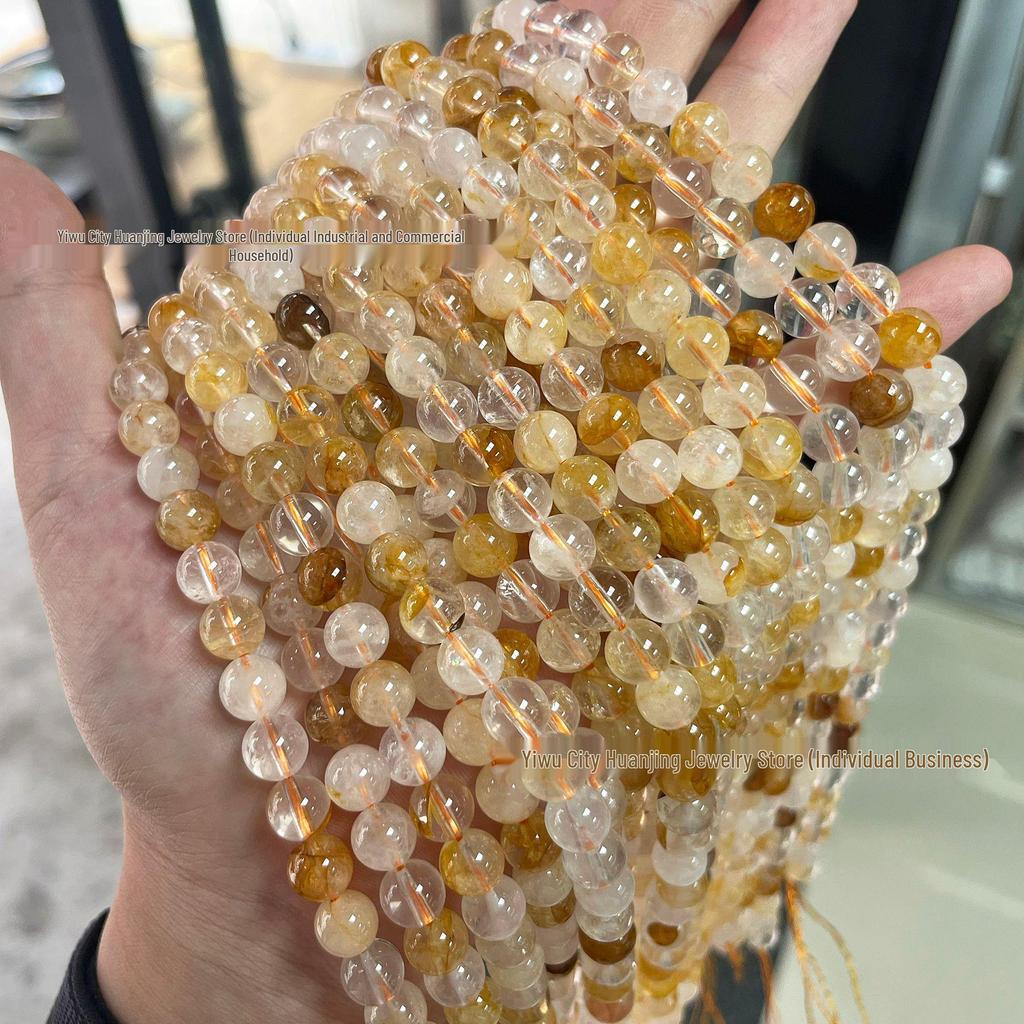 Huan Jing Jewelry 7a Natural Ice Yellow Rutilated Quartz Round Beads for DIY Bracelet Making