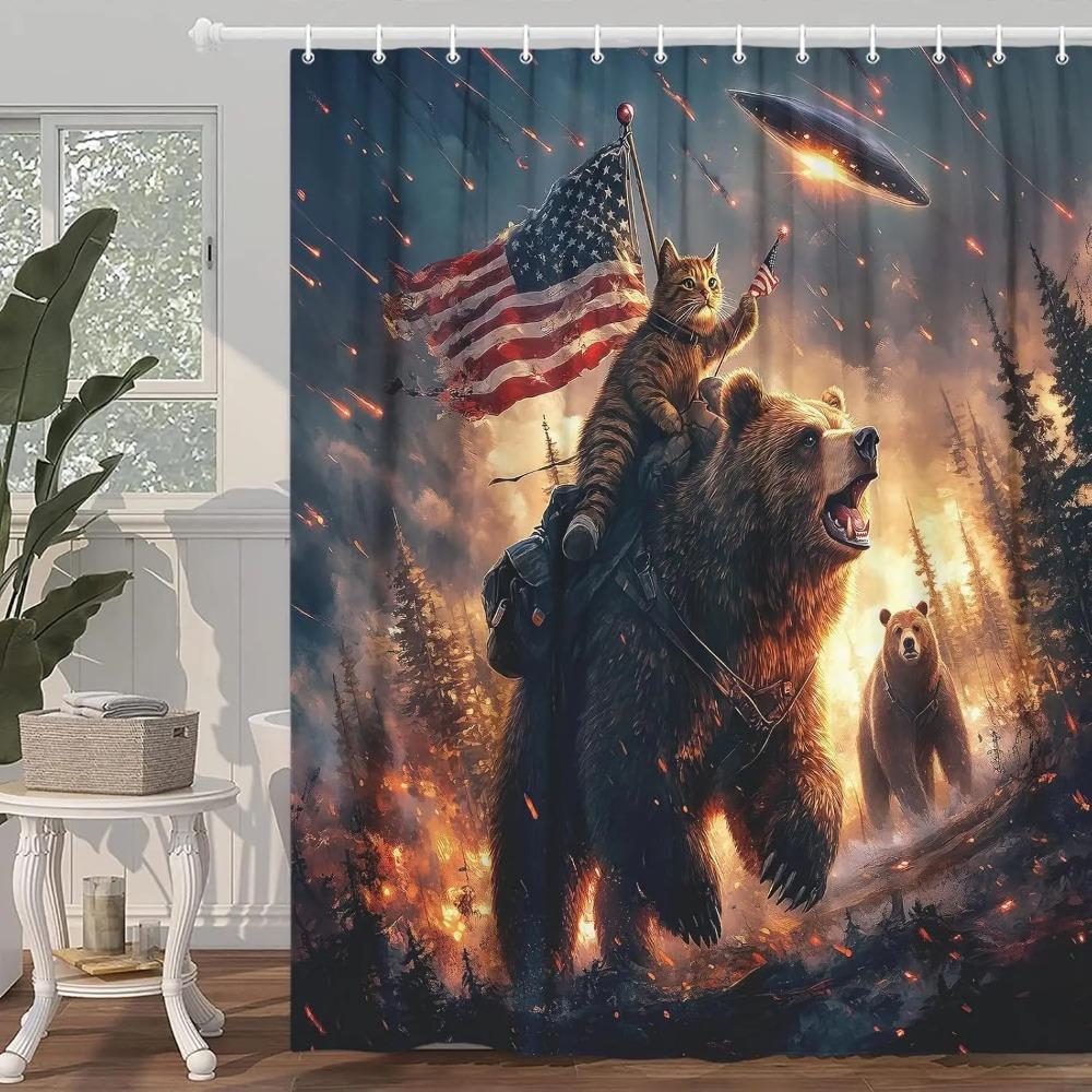 Funny Bear Printed Shower Curtain Cool Cat Riding Bear Forest Woodland Ufo For Bathroom Decor