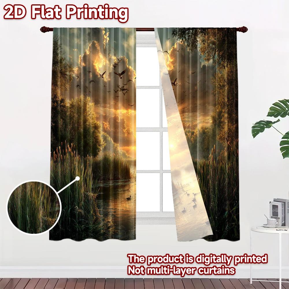 2D Flat Printing 2pcs Curtains Ducks Flying Sunset Lake Digital Printed Polyester Drapes Festive Holiday Use for Holiday Parties