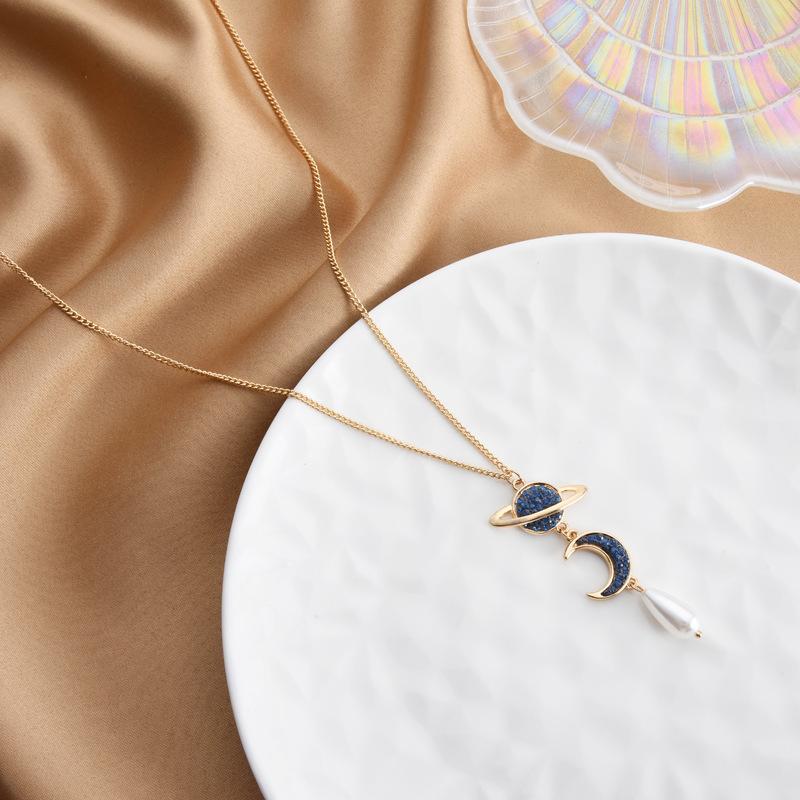 Cold Wind Sweater Chain Star And Moon Cherish Pearl Water Drop Long Necklace Women'S Accessories
