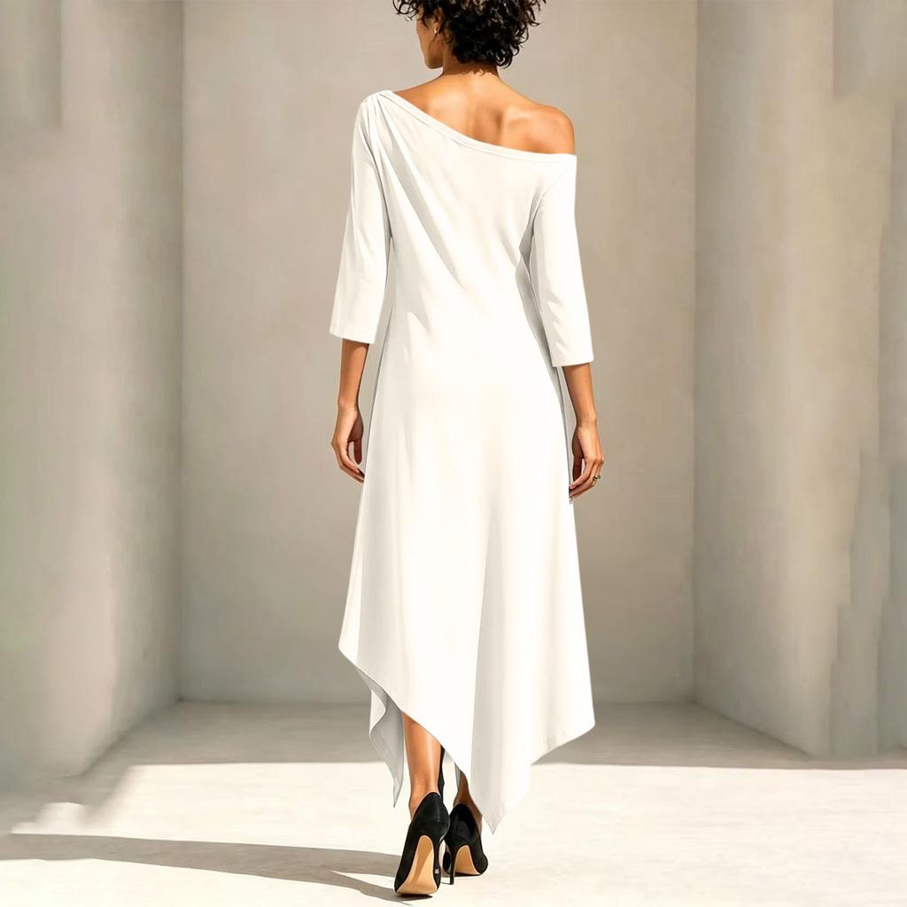 Modisches Midi-Kleid für Damen, Dreiviertelärmel, Asymmetrischer Saum