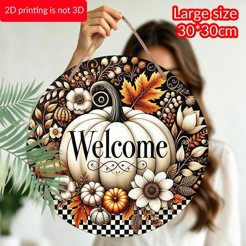 2D Flat Aluminum Decorative Plaques and Ornaments Sign, Welcome White Pumpkin Fall Floral Ornament, Black Checkered Farmhouse Wall Decor, Indoor