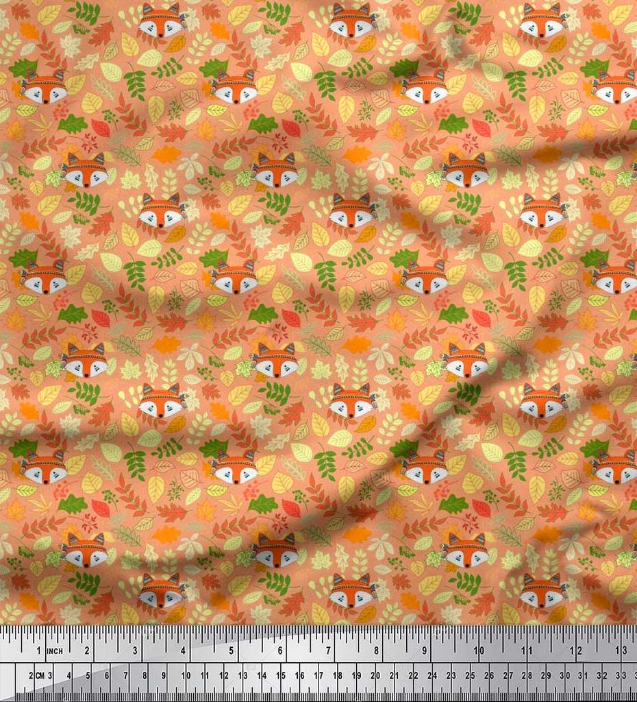 Soimoi Japan Crepe Satin Fabric Leaves & Fox Face Cartoon Printed Craft Fabric by the Metre 42 Inch