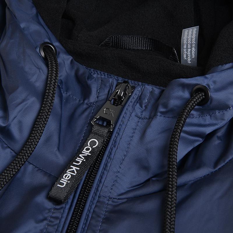 CALVIN KLEIN Windproof Waterproof Glossy Drawstring Hooded Logo Patch Zip Jacket Men Navy Blue 1658724-NVY