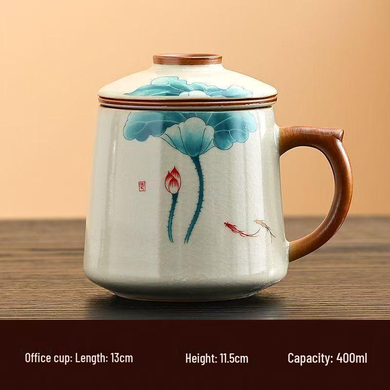 Blue and White Ceramic Office Mug with Tea and Water Separation, Large Capacity.