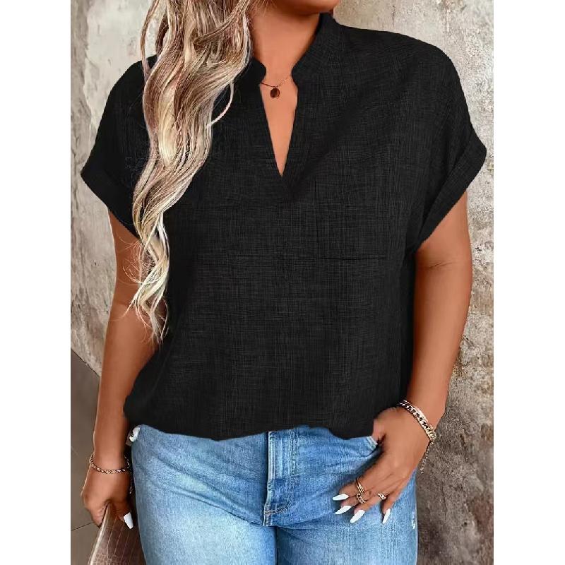 2026 New Women's V-neck Pullover Solid Color Pocket Bat Sleeve Casual Elegant Top for Women