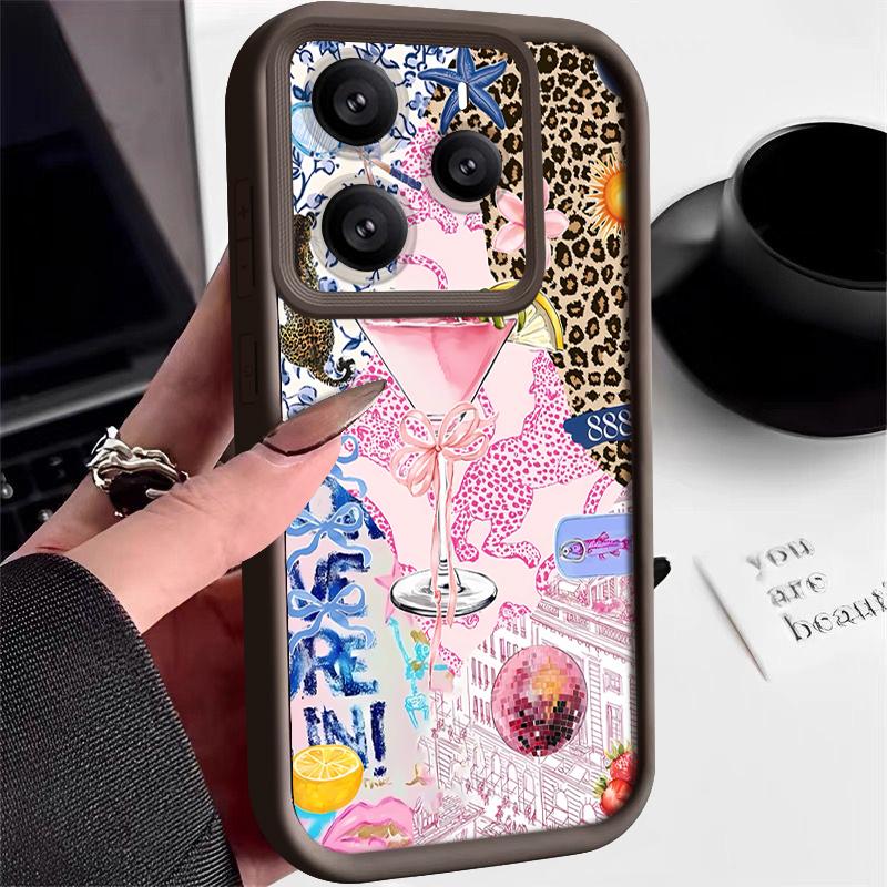 Pink Goblet Bowknots Disco Ball Pattern Case For Xiaomi Redmi Note 14 13 Pro 5G 4G 12 11 Funda Xiaomi 14T 13T 11T Pro Shockproof Bumper Silicone Cover