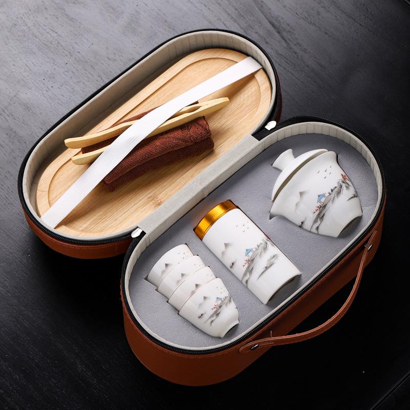 Ceramic Creative Souvenir Suet Jade Porcelain Portable Travel Tea Set Business Company Annual Meeting Festival Gifts