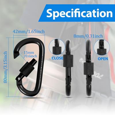 D-förmige Federhaken mit Schraubverschluss, Schnallen aus schwarzer Aluminiumlegierung - Ideal für Camping, Wandern, Angeln und Schlüsselanhängeraufbewahrung, 42x80mm