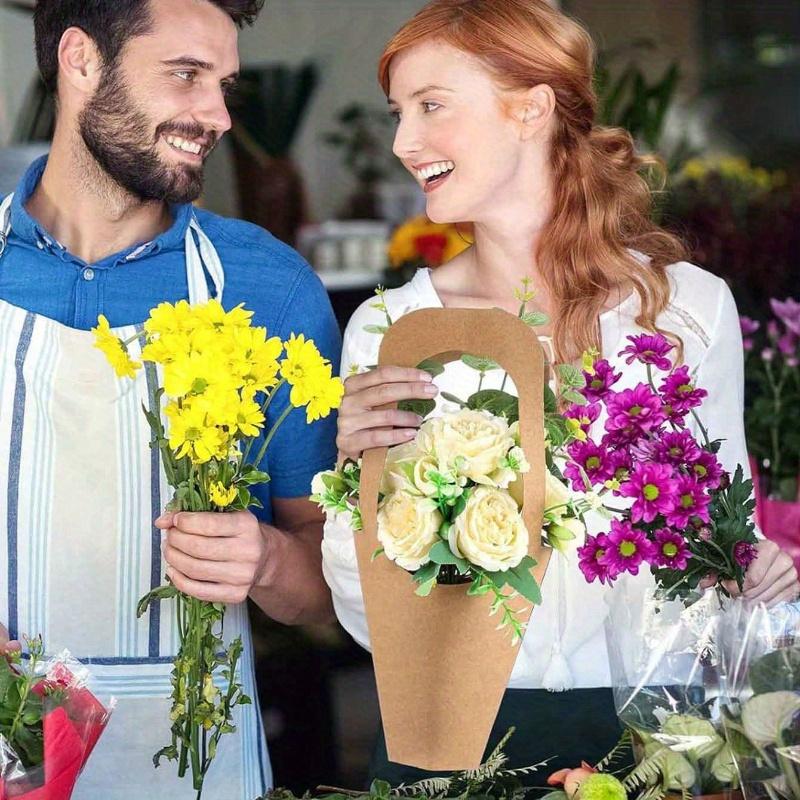 10pcs Kraft Paper Flower Bouquet Decoration Packaging Bags with Handles, Simple Brown Kraft Paper Hand-Hold Flower Bouquet Bags for Wedding Flower