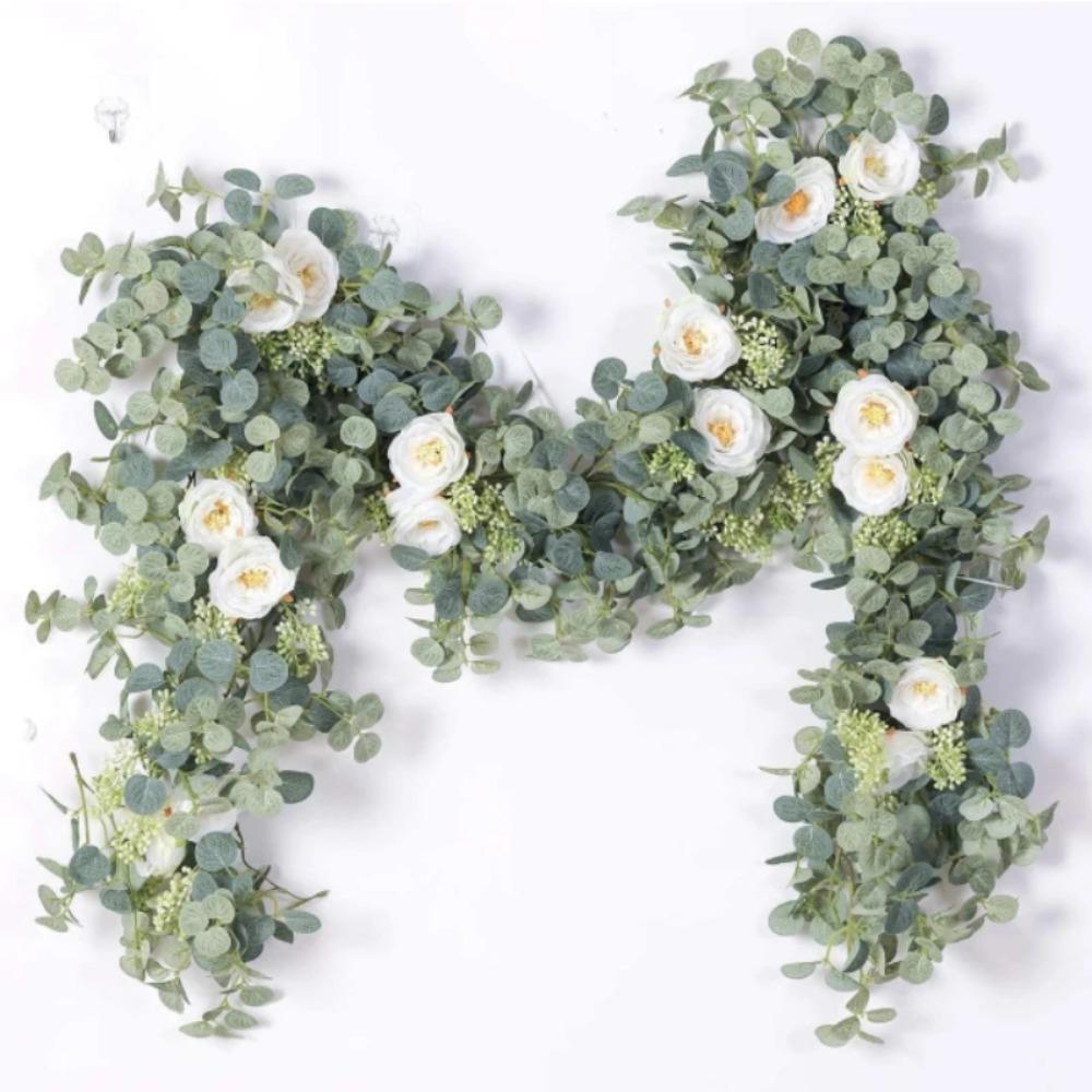 180cm Artificial Eucalyptus Garland With White Flowers For Home Festival Wall Hanging Garden Wedding Backdrop Arch Party Decor