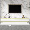 Set Moderno Bianco Lucido per Supporto TV e Tavolino, Console TV con 3 Cassetti, Tavolino con 2 Cassetti, Bordi Dorati, per il Salotto