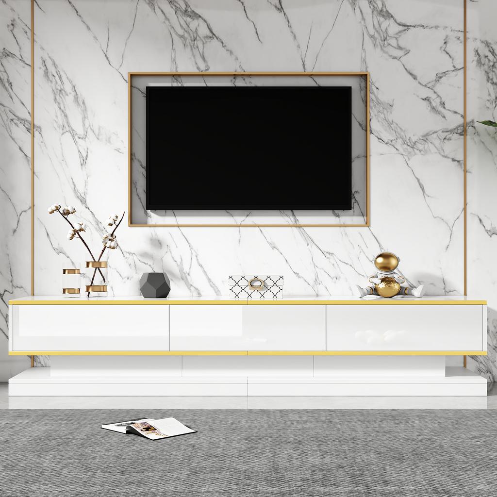 Set Moderno Bianco Lucido per Supporto TV e Tavolino, Console TV con 3 Cassetti, Tavolino con 2 Cassetti, Bordi Dorati, per il Salotto