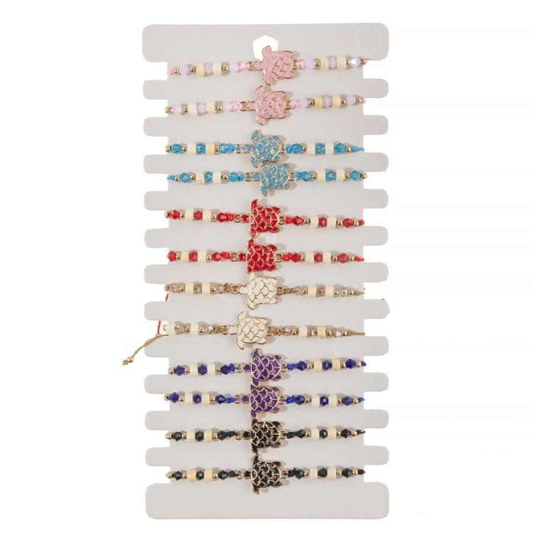 Pack of 12 Adjustable Handcrafted Turtles Bracelet Set Fashion Wristbands with Turquoise Crystal Wood Bead Details