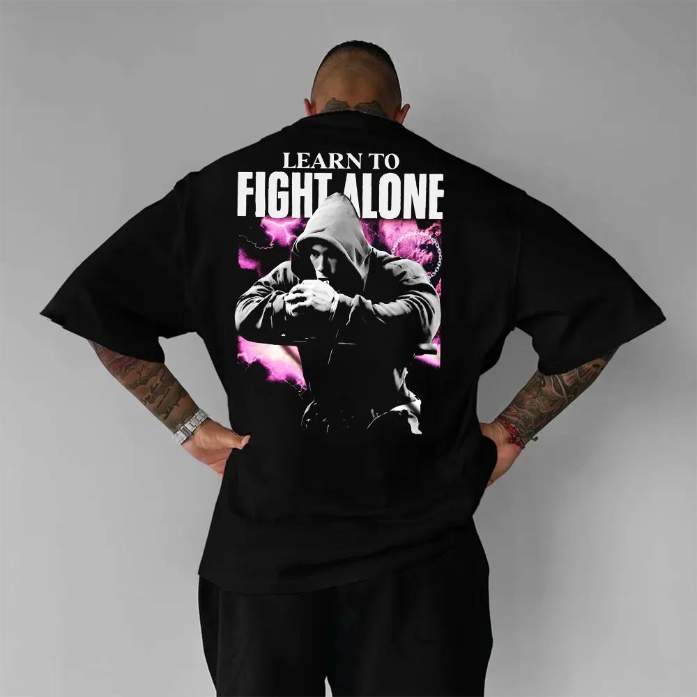 

Black Cotton TShirt Fitness Muscle Learn to Fight Alone Streetwear Hip Hop - Men s Summer Cotton Graphic Tee S разноцветный