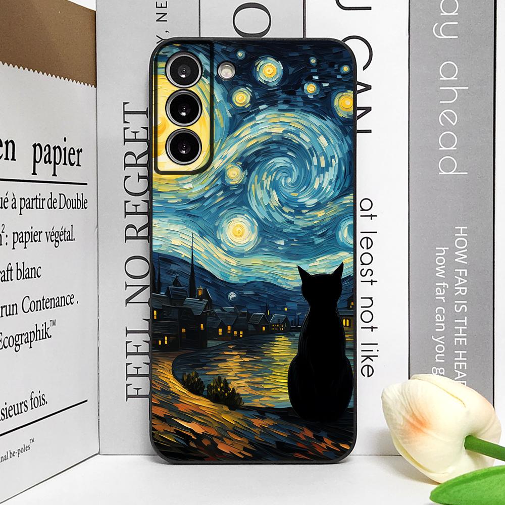 Cute Van-Gogh Starry Night Cat Phone Case for Samsung Galaxy S22 S23 S24 Ultra S25 Plus S21 FE 5G Soft Silicon Cover Fundas Capa