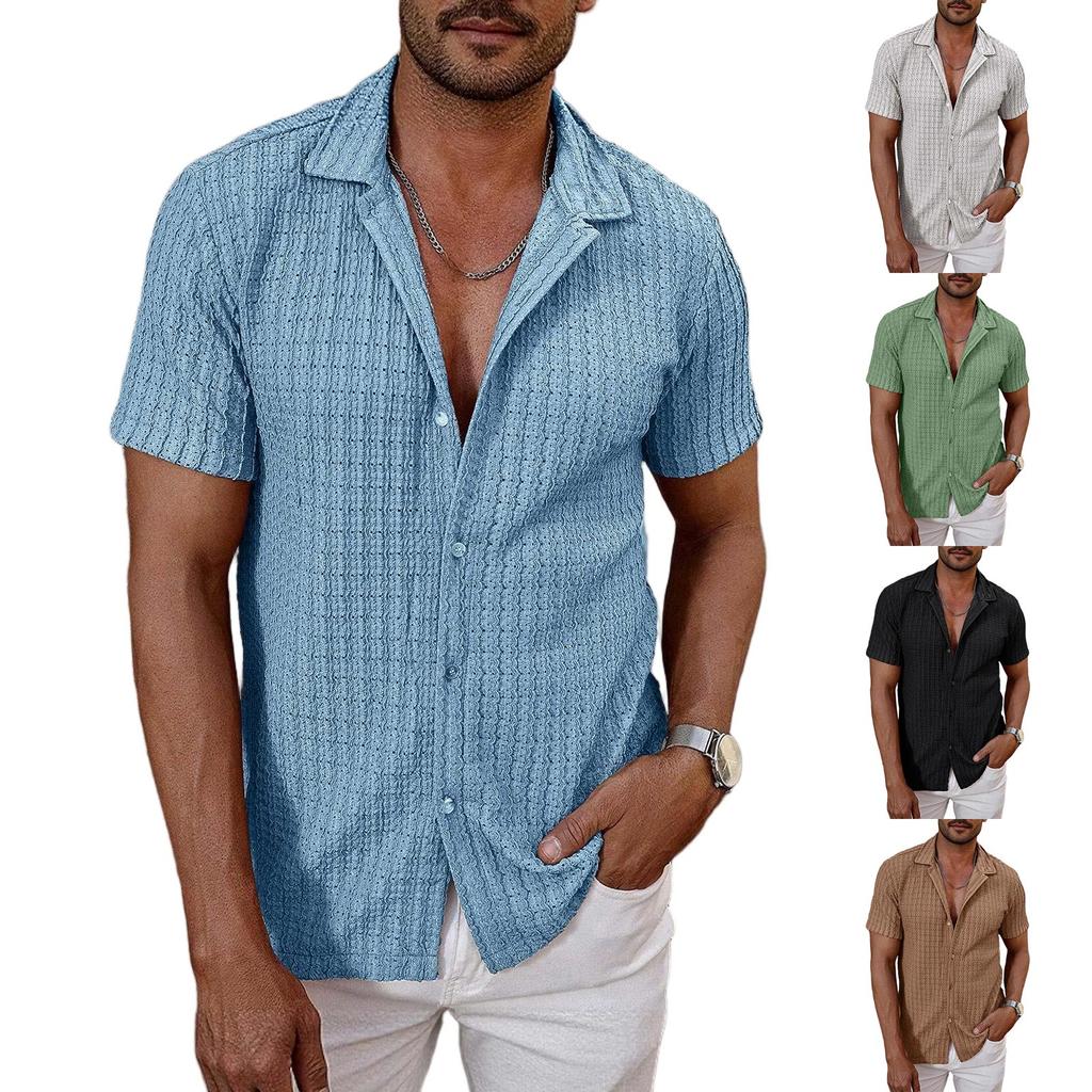 Men's Casual Short Sleeve Shirt Button Down Lightweight Knit Fabric Open Collar Summer Top Comfortable Fit
