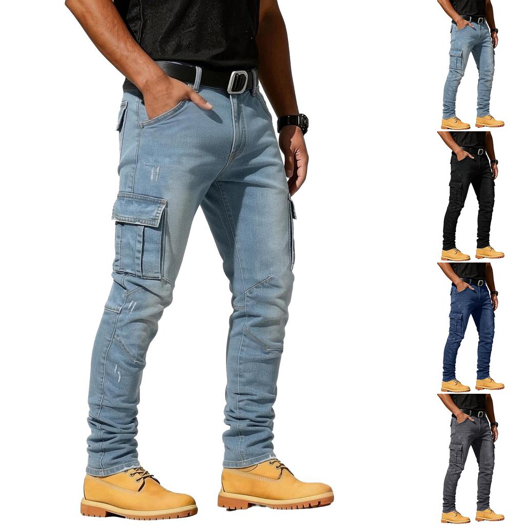 Męskie Jeansy Cargo Slim Fit z Wieloma Kieszeniami Elastyczne Spodnie Jeansowe Codzienny Design Utility Zwężana Nogawka