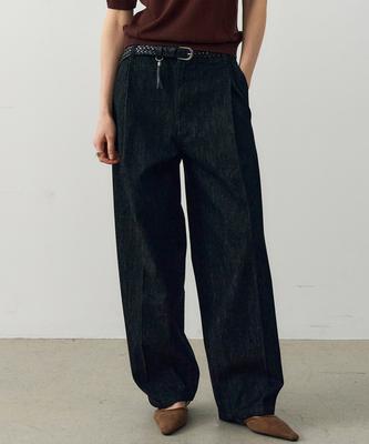 NOIRER FOR WOMAN Denim One-Pleat Wide Balloon Pants (Black)