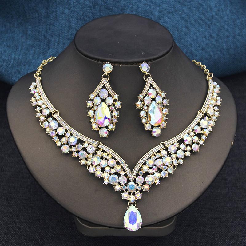 Elegant 2pcs Rhinestone Crystal Choker Necklace Sets for Women Fashion Jewelry Sets Bridal Wedding Dubai Necklace Earrings Set