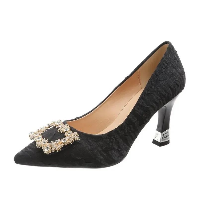 2024 New Spring and Autumn Casual Fashion Pearl Wedding Shoes Stiletto Square Rhinestone Sexy and Comfortable High Heels