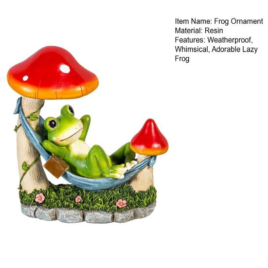 Mushroom Hammock Frog Figurine Garden Frog Statue Lying Frog Ornament for Balcony Yard Art Indoor Desk Decoration