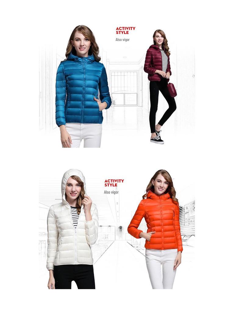 2025 Zimní Korejský Styl Ultralehká Dámská Péřová Bunda s Kapucí - Krátký Slim Kabát Plus Size