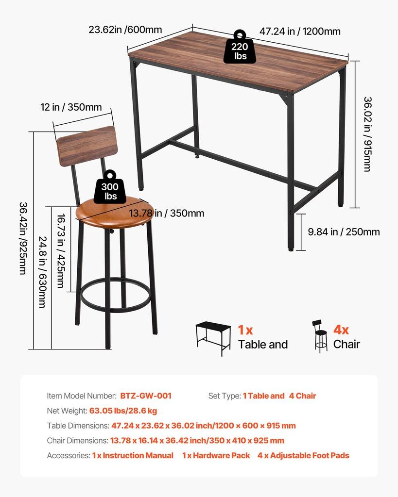 Bar Table, 5PCS 1193.8mm Bars Tables Set, Bar Tables and Chair Set with Rounded Edge Design, Rectangular Pub Table with Four Stools for Living Room,