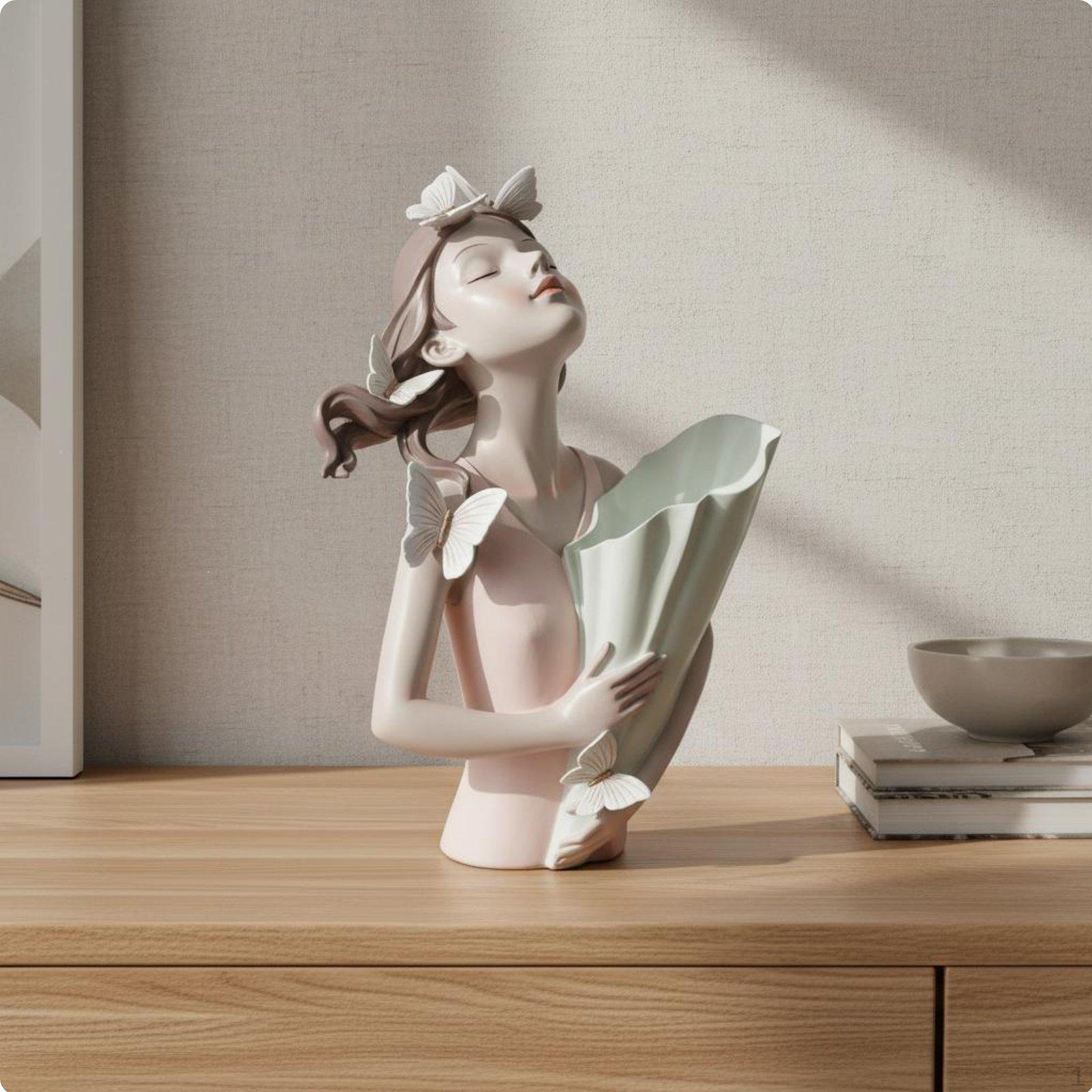 Delicate Butterfly Holder Vase Nordic Elegant Figure Holding Bouquet Statue Design Resin Pink