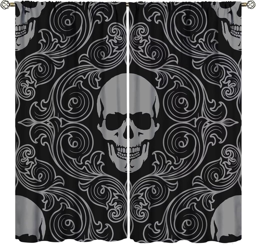 Vintage Skull Curtains Rose Flowers Wildflowers Halloween Theme Scary Curtain Bedroom Living Room Home With Rod Pocket Polyester Ideal For Sitting