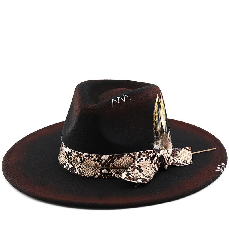 Vintage Gradient Fedora Hat Snake Print Hat Band Feather Decor Wide Brim Western Cowboy Hat 56-58cm чёрный