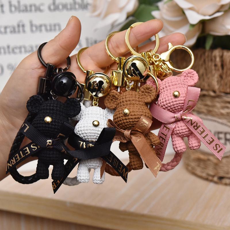 Cute Resin Woolen Little Bear Bow Rabbit Keychain Holiday Car Key Ring For Girls Creative Gift Weaving  Doll Bag Pendant