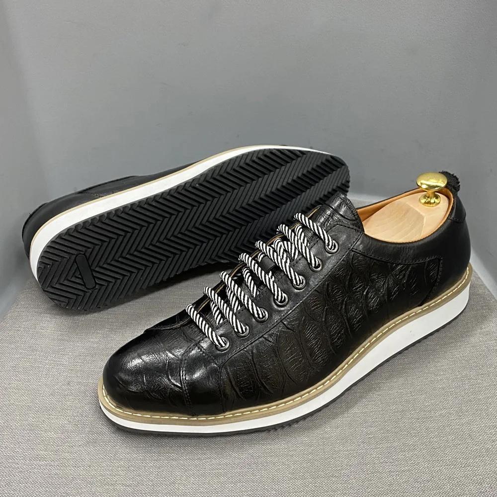Fashion Classic Mens Casual Shoes Genuine Leather Lace-Up Fashion Sneakers Luxury Brand Alligator Print Street Travel Flat Shoes for Men