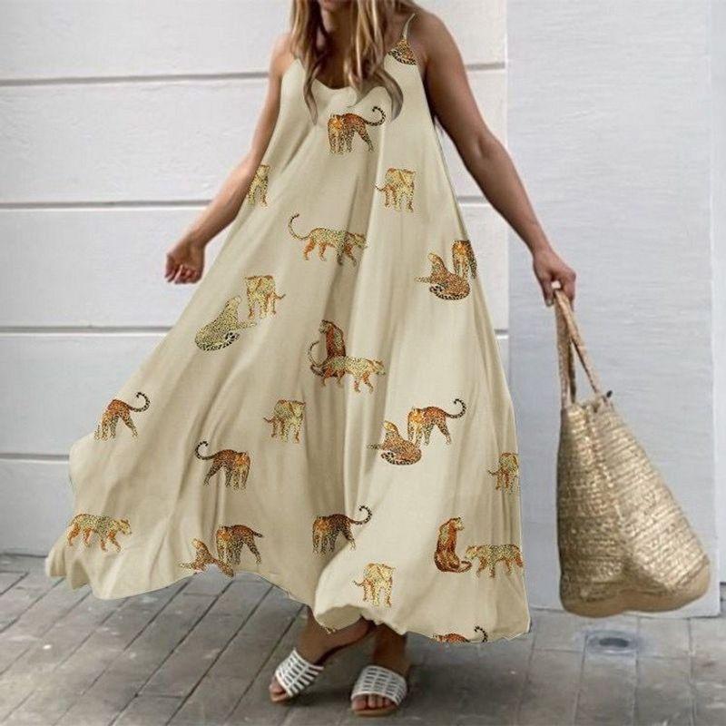 

European American Summer New Fashion Leopard Pattern A- line Large Hem Slim Looking Loose Sleeveless Sling Dress Adjustable Light yellow L