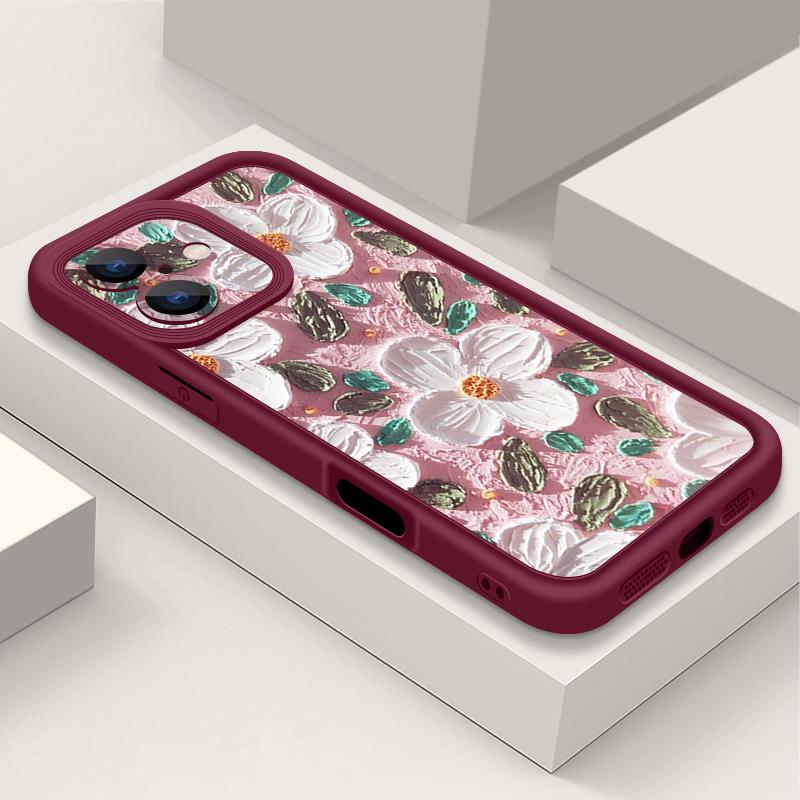 

Чехол для iPhone 16 Pro Max для iPhone 16e 15 14 13 12 Pro Max Plus 11 XR XS Чехол для телефона с цветочным принтом в стиле масляной живописи Мягкий противоударный чехол из ТПУ iPhone 8 / 7 / SE 2 / SE 3 вино красного