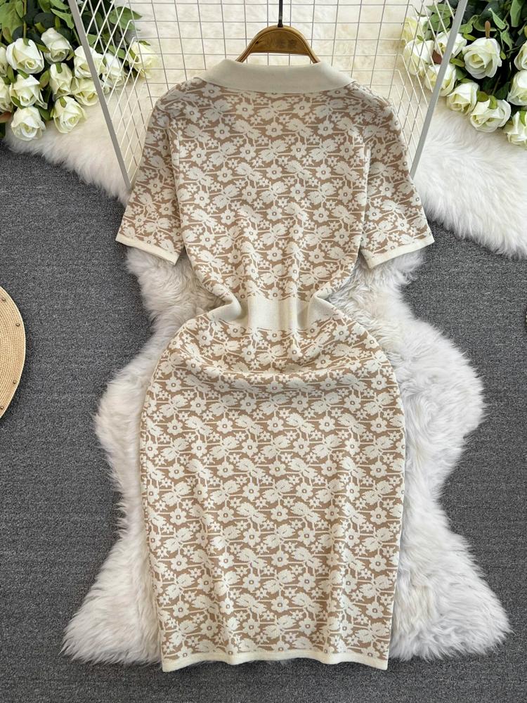 Summer Women Brand Designer Vintage Jacquard Flower Knitted Sweater Sheath Dresses With Pocket