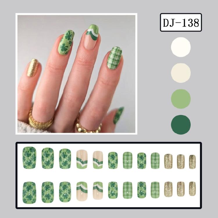 24Pcs Patrick's Day False Nail Green Shamrock Patterned Glitters Press on Nail for Adding Festival Charm to Any Outfit