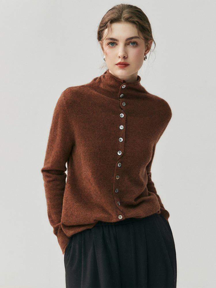 Women's Rolled Edge Cashmere Button-Up Cardigan, Half-High Collar Sweater Coat.