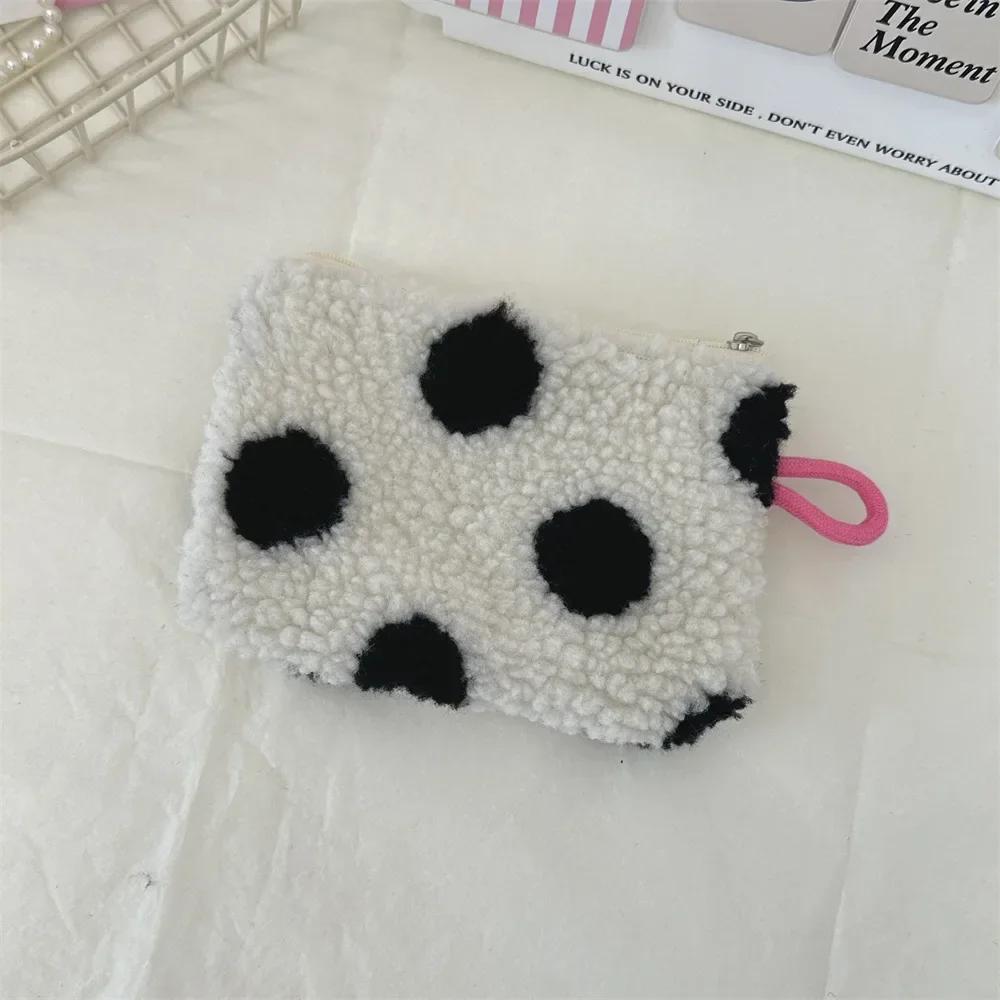 Women Plush Love Lipstick Cosmetic Storage Bag Heart Dot Stripes Leopard Print Clutch Mini Key Coin Purse ID Bag Case
